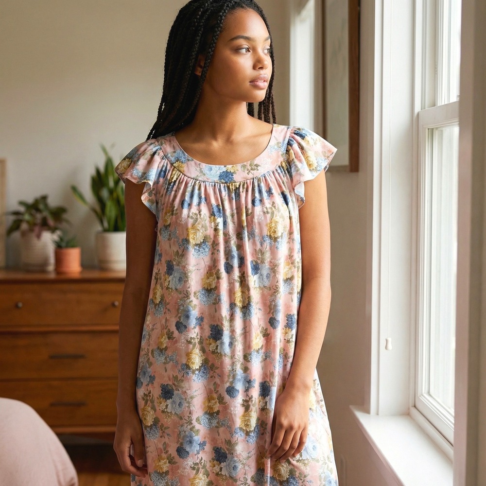 Tender Loving Care Vintage Floral Nightgown Pink Blue Flutter Sleeve Muumuu